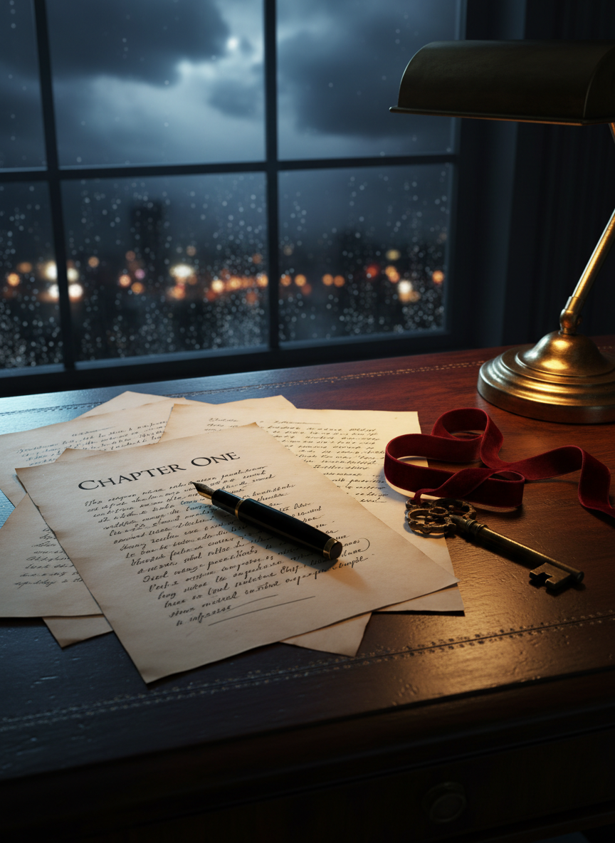 An antique writing desk of dark mahogany, its surface scattered with handwritten manuscript pages covered in looping black ink, an uncapped fountain pen resting across a page titled “Chapter One.” Beside it, an old-fashioned brass key and a deep red velvet ribbon lie coiled, suggesting secrets and binding promises. A stormy night presses against a nearby rain-streaked window, city lights blurred beyond. Cool bluish moonlight mingles with the warm amber glow of a single desk lamp, casting long, moody shadows. Photographic realism, captured from a slightly elevated angle with rule-of-thirds composition, emphasizing the pages and pen. The atmosphere is bold, intimate, and charged with romantic tension and looming fantasy adventure.