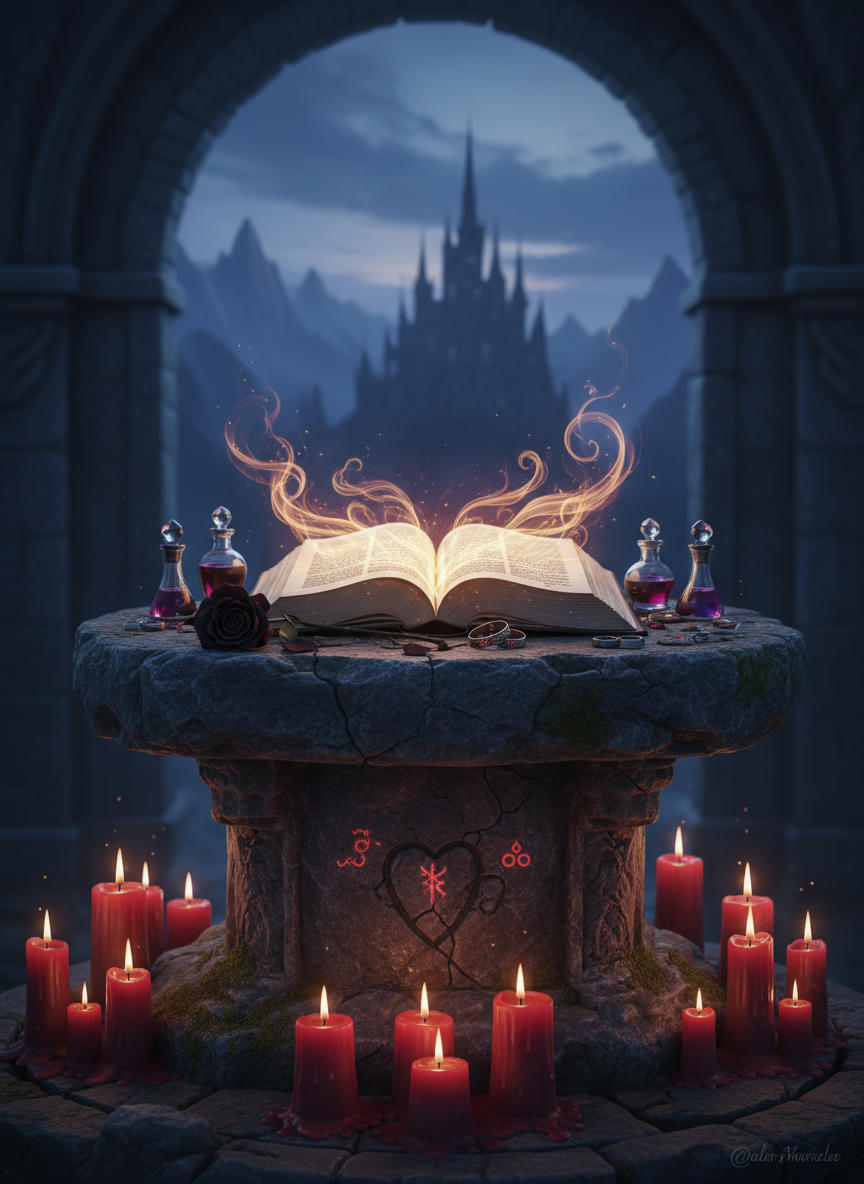 A richly textured fantasy romance altar-like setup: a heavy stone pedestal supports an open grimoire whose pages glow faintly from an unseen enchantment, the script curling like smoke across parchment. Around it, crystal vials of red and violet liquids, a wilted black rose, and a pair of interlocked metallic rings rest on cracked, rune-carved stone. In the background, towering jagged silhouettes of a castle and distant mountains are hinted through a large arched opening. Blue-toned twilight seeps in, opposed by the warm flicker of several red candles arranged in a rough heart shape. Photographic realism with a cinematic, wide-angle composition, sharp foreground and subtly blurred background. The mood is epic, bold, and unapologetically romantic with a dark fantasy edge.