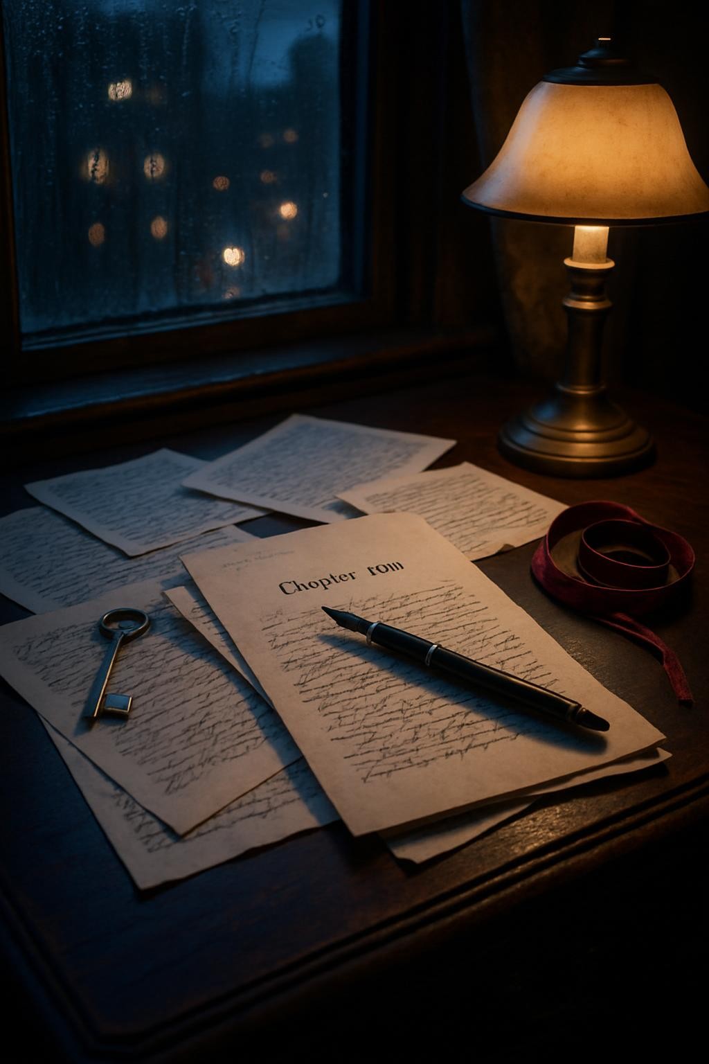 An antique writing desk of dark mahogany, its surface scattered with handwritten manuscript pages covered in looping black ink, an uncapped fountain pen resting across a page titled “Chapter One.” Beside it, an old-fashioned brass key and a deep red velvet ribbon lie coiled, suggesting secrets and binding promises. A stormy night presses against a nearby rain-streaked window, city lights blurred beyond. Cool bluish moonlight mingles with the warm amber glow of a single desk lamp, casting long, moody shadows. Photographic realism, captured from a slightly elevated angle with rule-of-thirds composition, emphasizing the pages and pen. The atmosphere is bold, intimate, and charged with romantic tension and looming fantasy adventure.